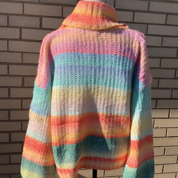 Love Riche Coral Pink Blue Rainbow Stripe Cow Neck Oversized Sweater NWT - Picture 7 of 11